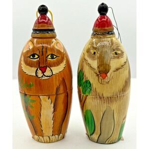 Vintage Wooden Rustic Ornaments Russian Like Handpainted Hollow Opening Set of 2